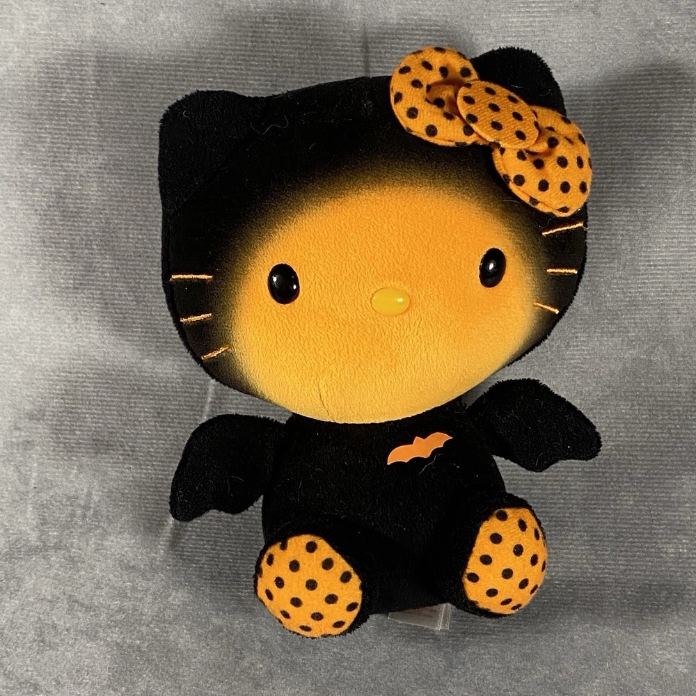 Ty Hello Kitty Halloween Bat Plush Orange Black Polka Dot 6" Stuffed Animal Cat